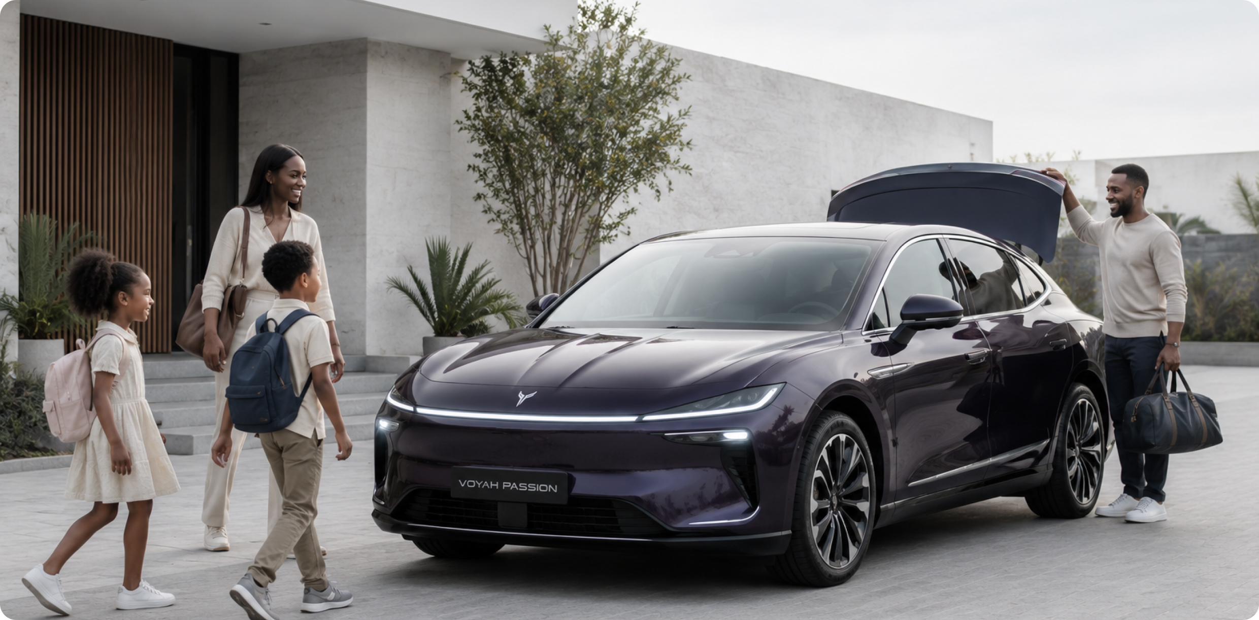 Family with children next to a SAGLEV electric sedan at a modern home