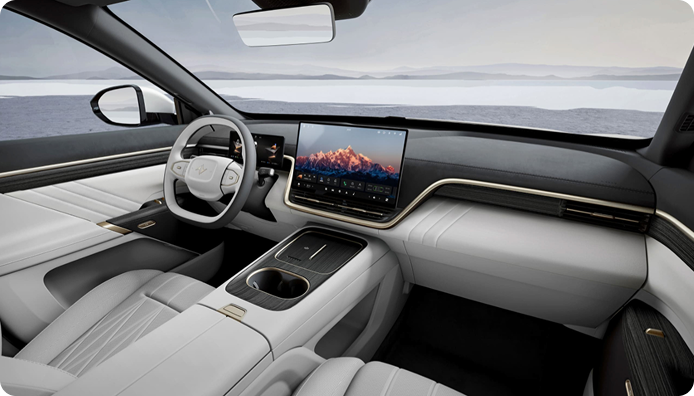 Premium SAGLEV electric vehicle interior with panoramic display and luxury finish