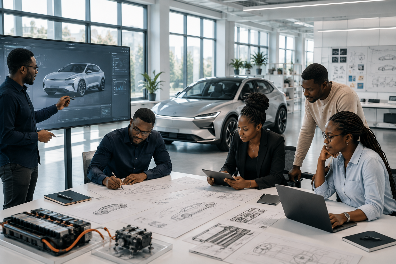 SAGLEV engineering team reviewing vehicle designs and battery hardware in a modern design studio