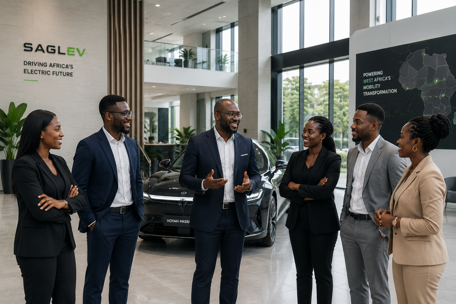 Diverse SAGLEV team of professionals standing in the modern showroom with the SAGLEV brand wall and African mobility map