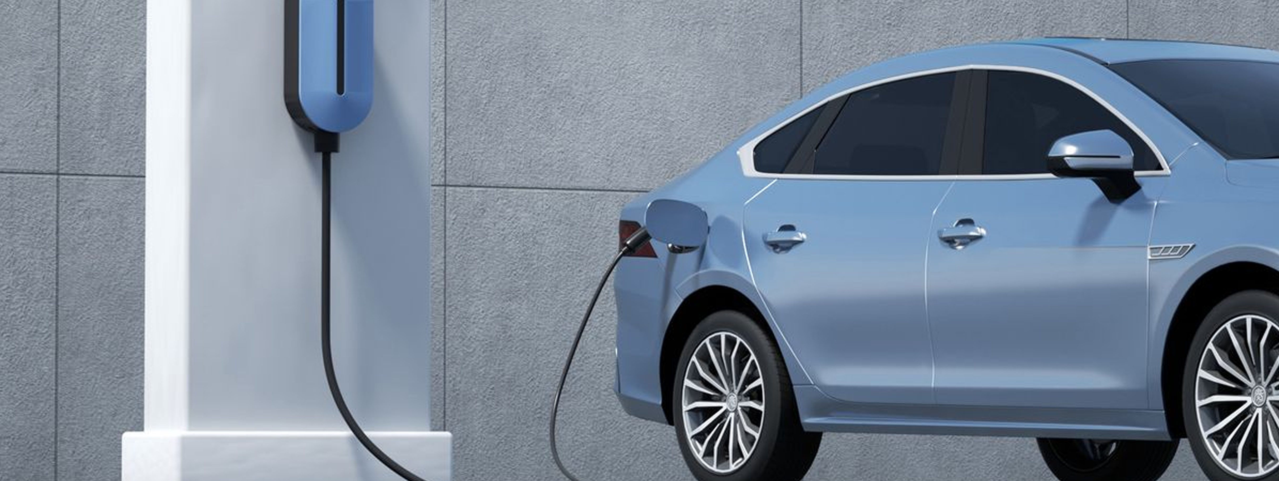 SAGLEV electric sedan plugged into a modern blue AC/DC fast-charging station with textured concrete wall